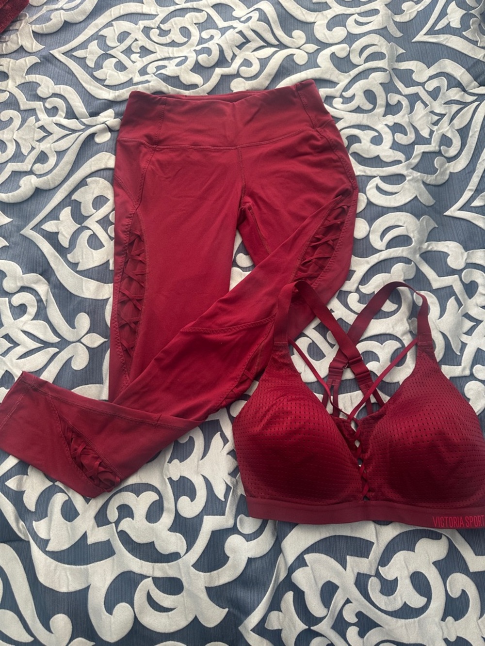 Victoria's Secret Red Crisscross Leggings & Strappy Sports Bra Set